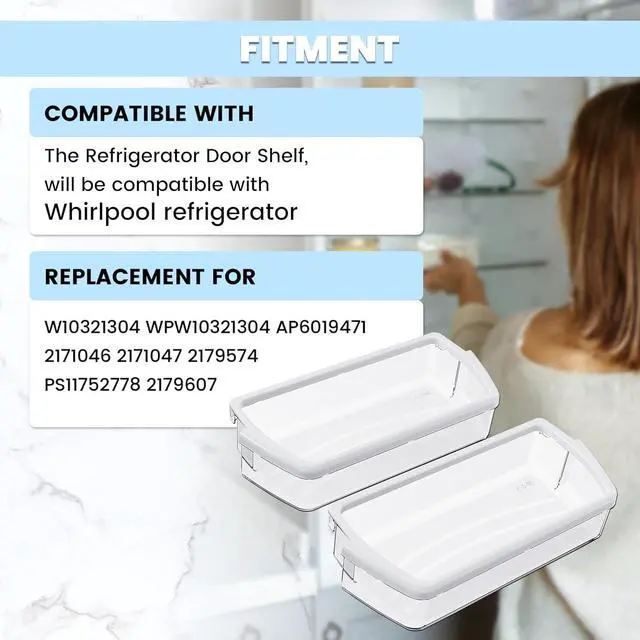 Alt view image 6 of 7 - Ecotric W10321304 WPW10321304 AP6019471 Refrigerator Door Shelf Compatible with Whirlpool Refrigerator 2171046 2171047 2179574 PS11752778 Replacement only PC Plastic Clear Door Bin Shelf -2 PCS
