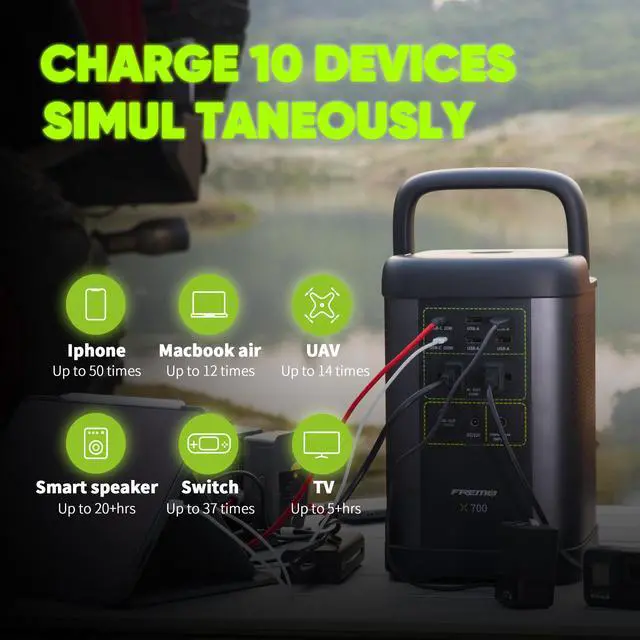 Alt view image 3 of 6 - FREMO Portable Power Station X700,662Wh LiFePo4 Battery Solar Generator w/2 Upto 110V/1000W AC Outlet,DC 12V Car and USB Ports(Solar Panel Optional), Solar Generator for Home Use,Outdoor Camping,RVs