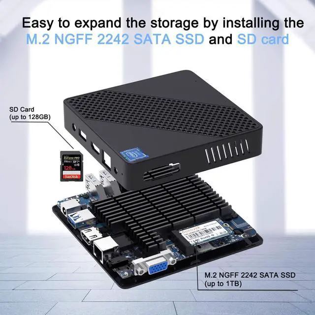 Alt view image 5 of 7 - Mini PC Celeron N4020(up to 2.8GHz), Windows 10 DDR4 4GB/64GB eMMC Mini PC Fanless UHD 4k@60Hz, Mini Computer Support HDMI&VGA, USB3.0, 2.4/5.8G Wi-Fi, DIY NGFF 2242 SSD