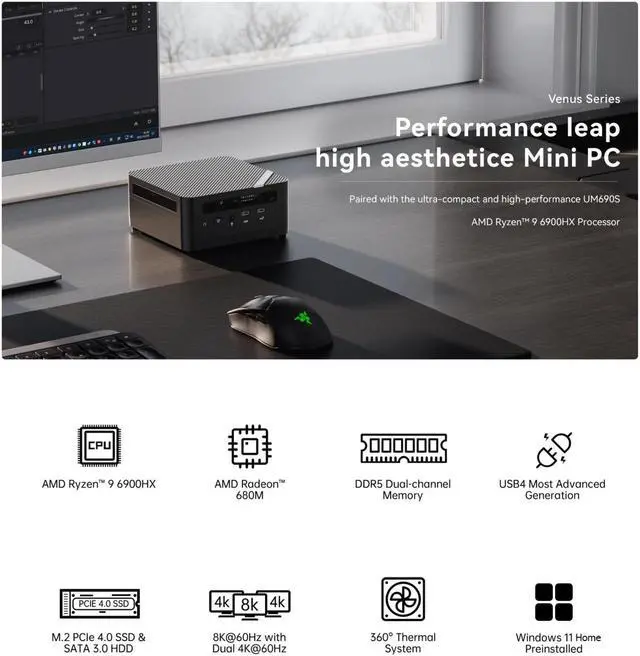 Alt view image 2 of 6 - MINISFORUM UM690S Mini PC AMD Ryzen 9 6900HX 8 Cores 16 Threads 32 GB RAM 1 TB PCIe SSD, 2 x HDMI Ports, 6 x USB Ports, Wifi6, Bluetooth5.2