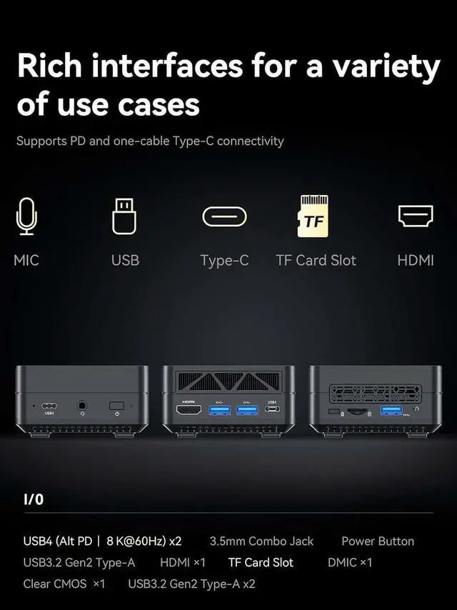 Alt view image 7 of 7 - MINISFORUM EM780 Mini PC AMD Ryzen 7 7840U LPDDR5 6400MHz 32G RAM 1T SSD PCIe4.0 AMD Radeon 780M Tiny Computer Desktop WiFi 6E/BT5.2, 5xUSB, Dual 8K Support