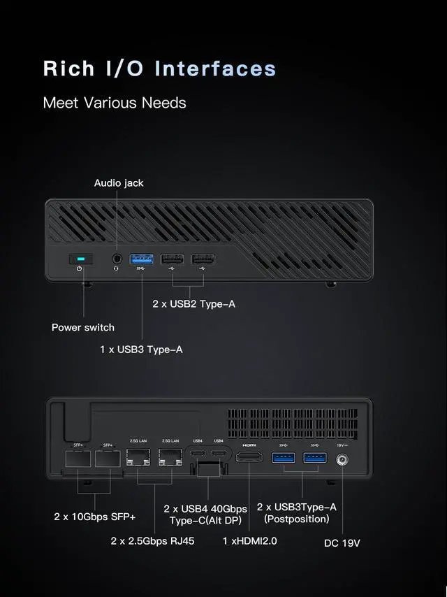Alt view image 6 of 7 - MINISFORUM MS-01 Mini Workstation Core i9-12900H 32GB RAM 1TB SSD Mini PC, HDMI+2X USB4 8K Display, 2x10G SFP+ Port, 2x2.5G LAN Port, Support M.2 2280/22110/U.2 SSD/RTX 3050 Graphics Cards