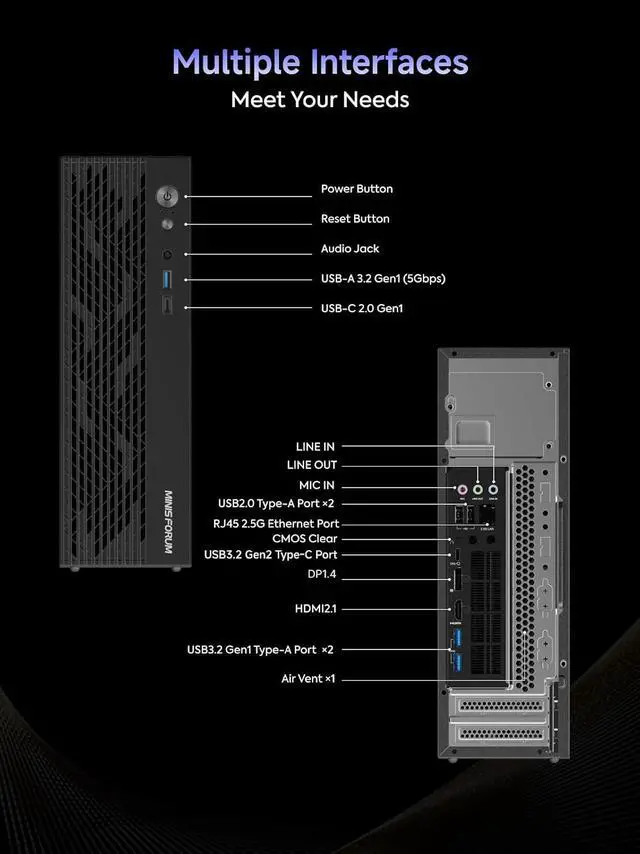 Alt view image 6 of 7 - MINISFORUM 795S7 Mini Gaming PC AMD Ryzen 9 7945HX (16C/32T) 32GB RAM 1TB SSD Tower Computer, 2x DDR5 Slots, 2x PCIe4.0 SSD, HDMI|DP|USB-C Triple Outputs, RADEON610M, 2.5G Lan Desktop Computer