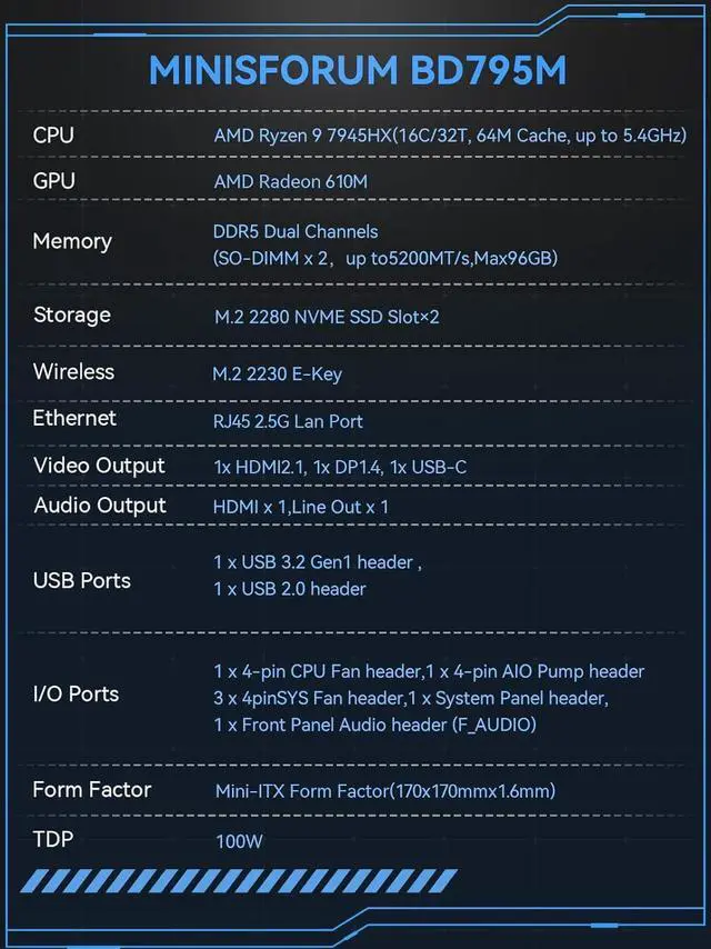 Alt view image 2 of 7 - MINISFORUM  BD795m Mini PC Motherboard  AMD Ryzen 9 7945HX DDR5 Barebone Gaming PC, 2x PCIe4.0 SSD,2xSATA3.0 HDD/SSD, HDMI2.1|DP1.4|, M.2 2230 Key E Slot