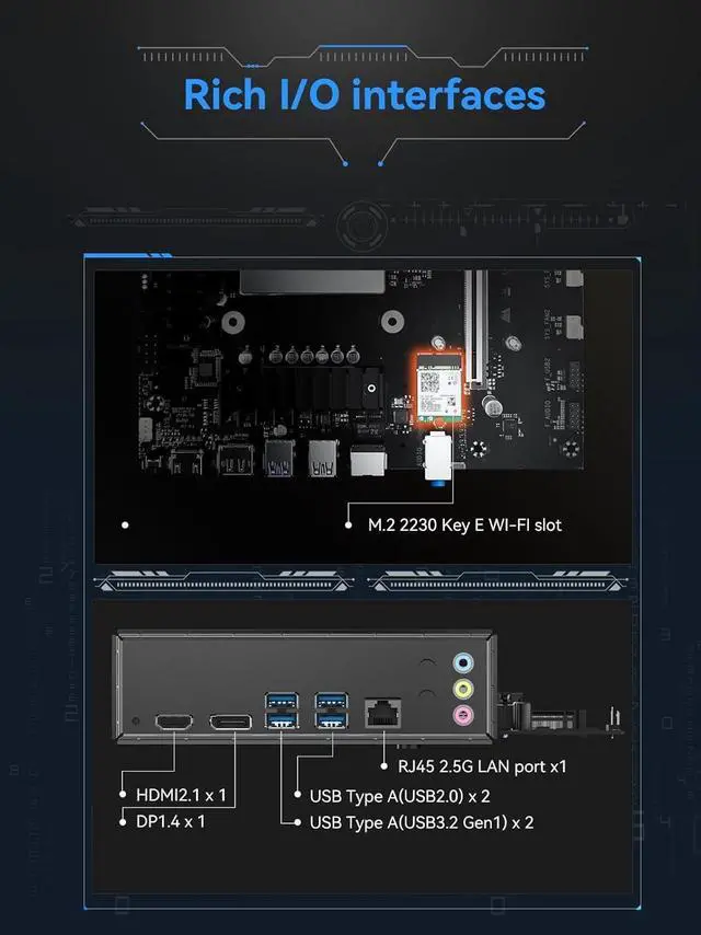 Alt view image 5 of 7 - MINISFORUM  BD795m Mini PC Motherboard  AMD Ryzen 9 7945HX DDR5 Barebone Gaming PC, 2x PCIe4.0 SSD,2xSATA3.0 HDD/SSD, HDMI2.1|DP1.4|, M.2 2230 Key E Slot