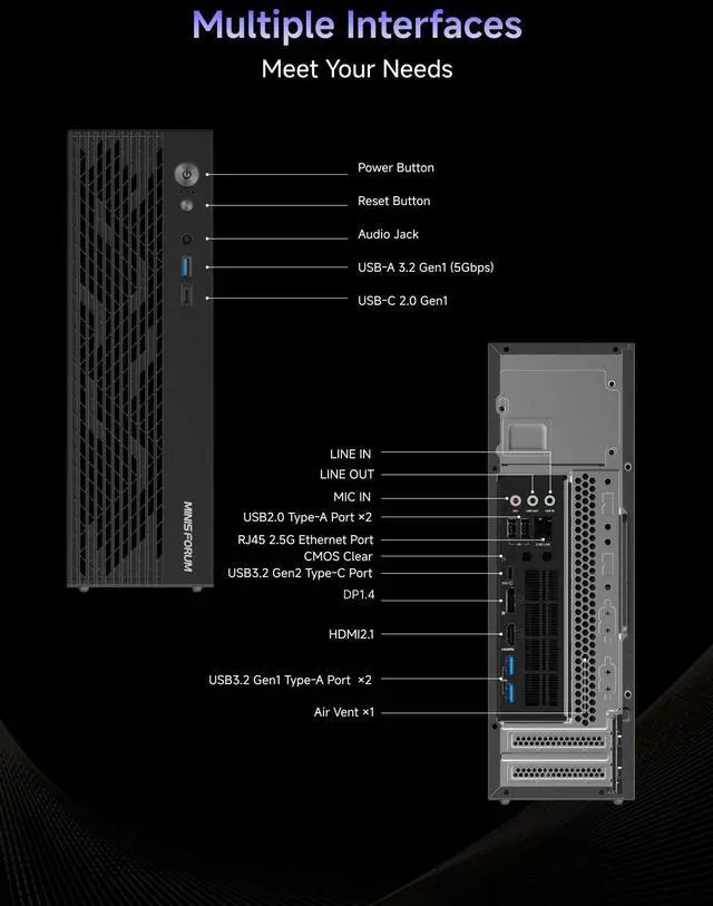 Alt view image 7 of 7 - MINISFORUM 790S7 Mini Gaming PC AMD Ryzen 9 7940HX (16C/32T) Barebone Version Tower Computer, 2x DDR5 Slots, 2x PCIe4.0 SSD, HDMI|DP|USB-CTriple Outputs, M.2 2230 Key E Slot, 2.5G Lan Desktop Computer