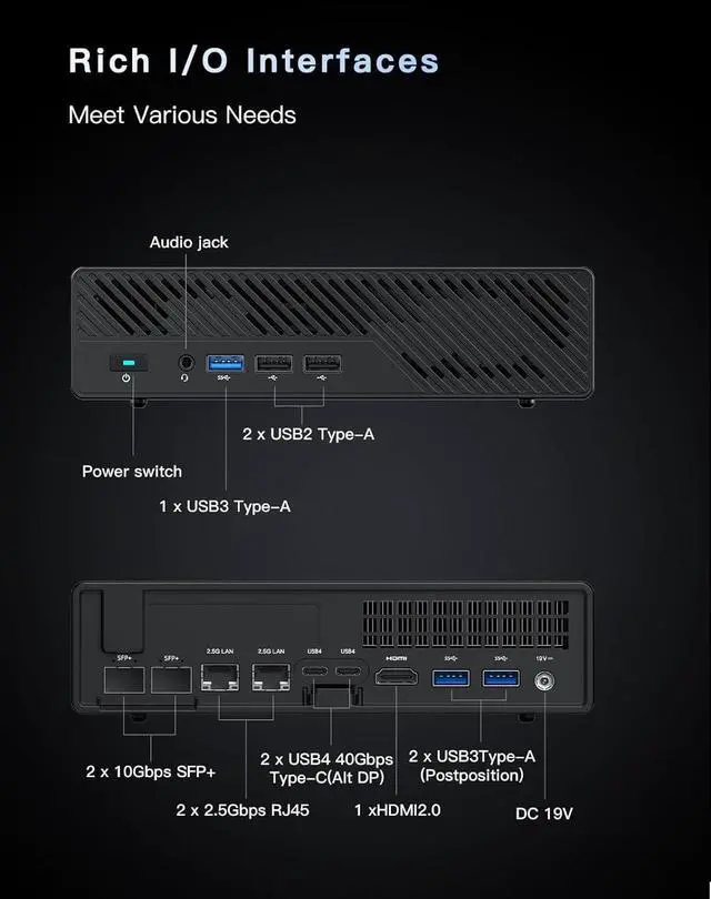 Alt view image 6 of 7 - MINISFORUM MS-01 Mini Workstation Core i9-13900H 64GB RAM 2TB SSD Mini PC, HDMI+2X USB4 8K Display, 2x10G SFP+ Port, 2x2.5G LAN Port, Support M.2 2280/22110/U.2 SSD/RTX 3050 Graphics Cards