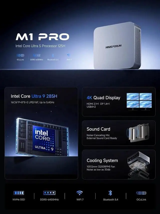 Alt view image 2 of 7 - MINISFORUM M1 Pro Mini PC Core Ultra 9 Processor 285H(16C/16T) 32GB DDR5 1TB SSD Desktop Computer, HDMI|DP|2xUSB4 Video Output, Oculink Port, 2.5G RJ45/WiFi7/BT5.4, Arc 140t Graphics Micro PC