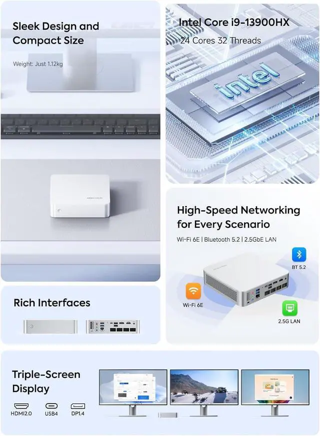 Alt view image 2 of 7 - MINISFORUM M1-1390 Mini PC Core i9-13900HX(24C/32T, up to 5.4GHz) Barebone without Storage/OS Desktop Computer, HDMI/DP/USB-C Output, 2.5G RJ45/WiF6E/BT5.2, 2xNVMe SSD Slot, 4x USB Port Micro Computer