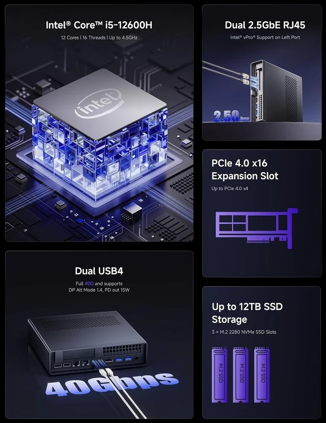 Alt view image 2 of 7 - MINISFORUM MS-01 SE Workstation Core i5-12600H Barebone Version Mini PC, HDMI + 2xUSB4 8K Triple Display, 2x2.5G LAN Port, Dual DDR4 Slots, 3x SSD Slot, 1x PCIe x16 slot, 7x USB Slot Mini Computer
