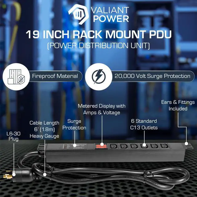 Alt view image 4 of 7 - Valiant Power 240V 30A Rackmount PDU  L6-30P Plug, 7200W, 6 C13 Outlets, 2m Cord, Digital Volt/Amp Display, Surge Protected, for Mining Rigs & Server Racks