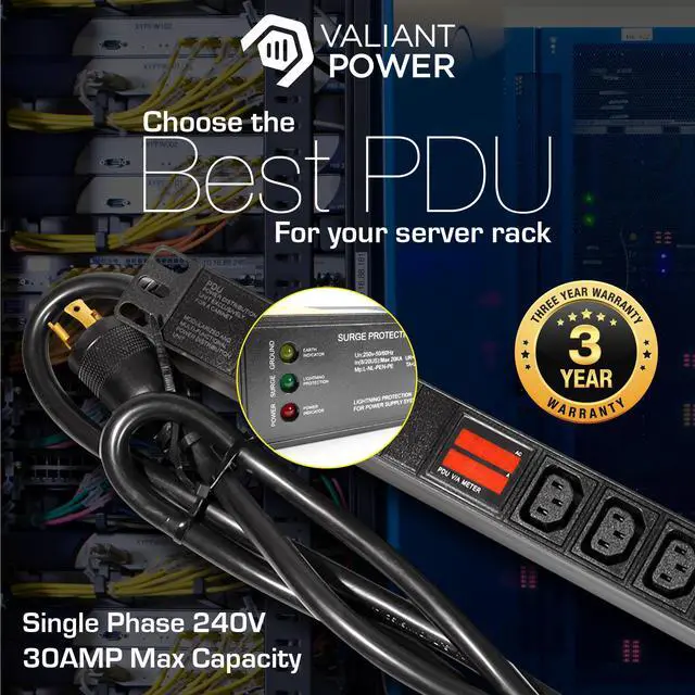 Alt view image 3 of 7 - Valiant Power 240V 30A Rackmount PDU  L6-30P Plug, 7200W, 6 C13 Outlets, 2m Cord, Digital Volt/Amp Display, Surge Protected, for Mining Rigs & Server Racks