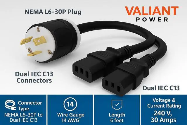 Main image of Valiant Power 240V 30A Power Cord  L6-30P to Dual C13 6ft, 12AWG Y Splitter  Heavy-Duty Mining