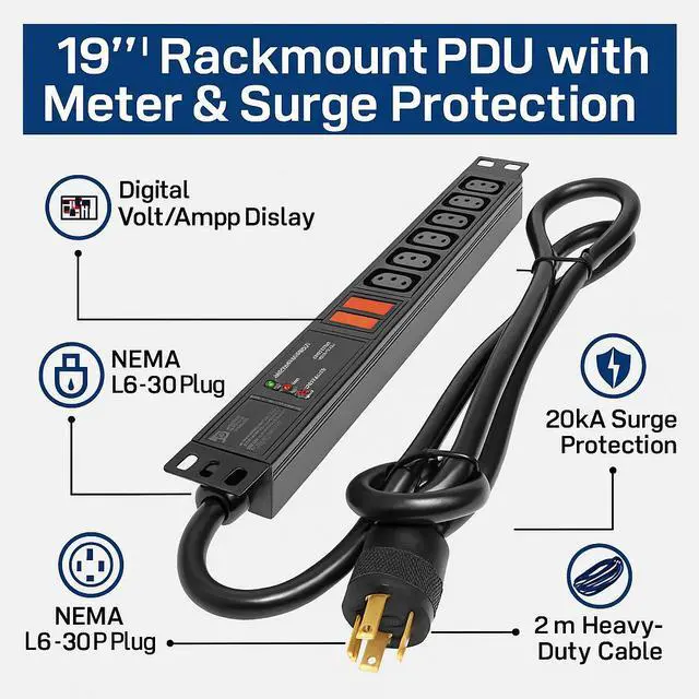 Alt view image 2 of 7 - Valiant Power 240V 30A Rackmount PDU  L6-30P Plug, 7200W, 6 C13 Outlets, 2m Cord, Digital Volt/Amp Display, Surge Protected, for Mining Rigs & Server Racks