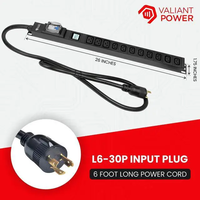 Alt view image 5 of 7 - Valiant Power Metered PDU  L6-30P Input, 8 C13 + 3 C19 Outlets, 6ft Cord, Breaker Protection, Digital Meter, 0U Vertical Mount