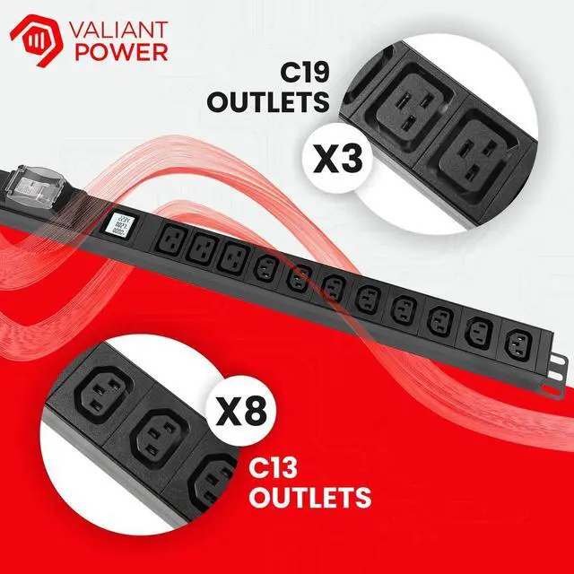 Alt view image 3 of 7 - Valiant Power Metered PDU  L6-30P Input, 8 C13 + 3 C19 Outlets, 6ft Cord, Breaker Protection, Digital Meter, 0U Vertical Mount