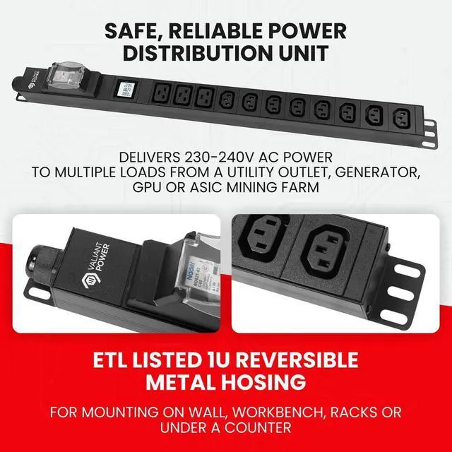 Alt view image 7 of 7 - Valiant Power Metered PDU  L6-30P Input, 8 C13 + 3 C19 Outlets, 6ft Cord, Breaker Protection, Digital Meter, 0U Vertical Mount