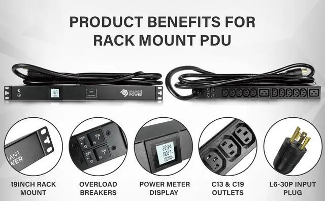 Alt view image 2 of 7 - Rack Mount Power Strip - 240V 30A 2C19 & 10 C13 outlets PDU with Built-in Surge Protector, Volt & Amp Meter for Data Center - 19 Metal Housing, Ears & Fittings Included (10C13 2C19)