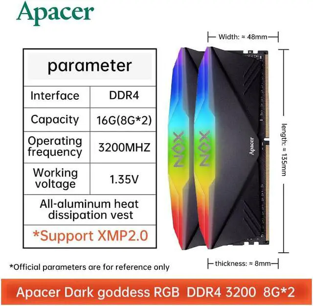 Alt view image 2 of 7 - Apacer Dark ram Goddess DDR4 ram 3200 8G 16G desktop computer memory bar RGB light bar Dark Goddess 3200 RGB light bar 16GB(8Gx2)3200
