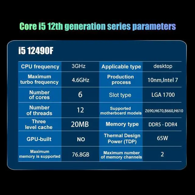 Alt view image 7 of 7 - Intel Core i5-12490F Alder Lake Desktop Processor Game Special Edition i5 12th Gen, 6 Cores up to 4.6 GHz Turbo LGA 1700 65W Without Graphics and Fan,brand new
