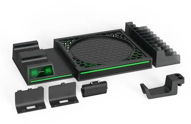 Alt view image 3 of 6 - Vertical Stand Compatible with Xbox Series X Console, Dual Charging Station with 2 Rechargeable Battery for Xbox Series X Controller, with 10 Game Card Slot and Headphones Holder & 4 Cover