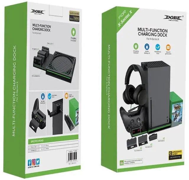 Alt view image 4 of 6 - Vertical Stand Compatible with Xbox Series X Console, Dual Charging Station with 2 Rechargeable Battery for Xbox Series X Controller, with 10 Game Card Slot and Headphones Holder & 4 Cover