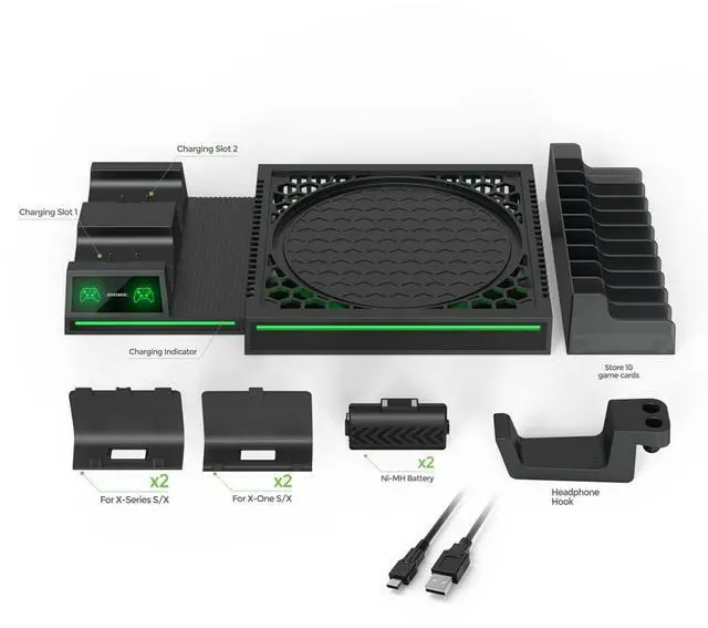 Alt view image 2 of 6 - Vertical Stand Compatible with Xbox Series X Console, Dual Charging Station with 2 Rechargeable Battery for Xbox Series X Controller, with 10 Game Card Slot and Headphones Holder & 4 Cover