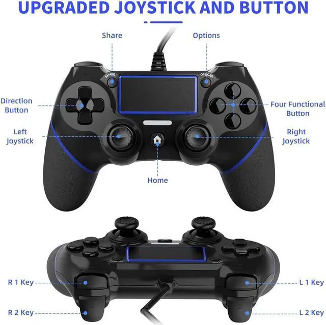 Alt view image 2 of 5 - Wired Controller Gamepad for Ps4 Dual Vibration Shock Joystick Gamepad for PS4/PS4 Slim/PS4 Pro and PC (Black Blue)