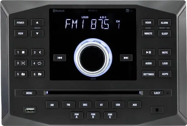 Main image of Jensen JWM62A AM|FM|DVD|CD|USB|AUX|App Ready Bluetooth RV Wallmount Stereo w/ App Control, 3-Speaker Zones / 8 Speaker Output 8X 6 Watt, Receives Bluetooth Audio (A2DP) & Controls (AVRCP) from Devices