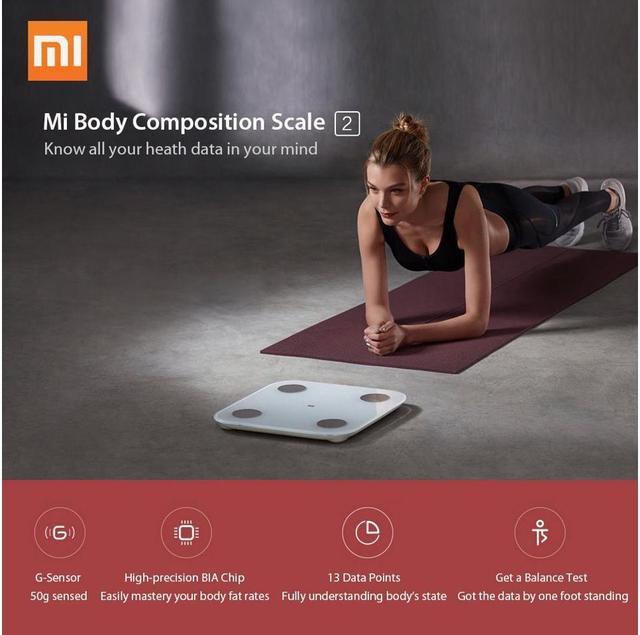 Xiaomi NUN4048GL 2nd Generation BMI Body Fat Mi Smart Body Composition  Scale 2, Bluetooth, Mi Fit App, 13 Precise Data Points Measurements,  Records Data for 16 People, Tempered Glass, White 