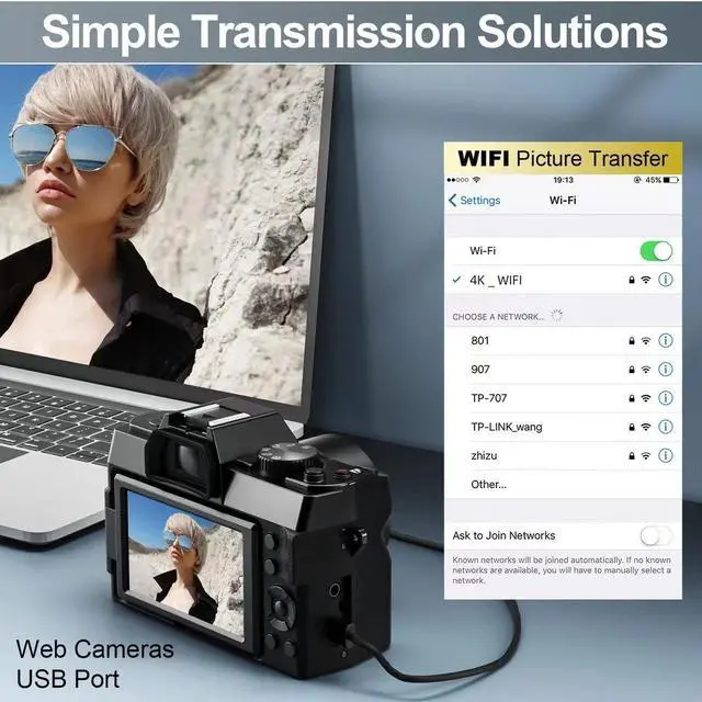 Alt view image 5 of 6 - 4K Digital Cameras for Photography 48MP Video Camera for Vlogging, WiFi & App Control, YouTube Vlogging Camera with 32GB TF Card