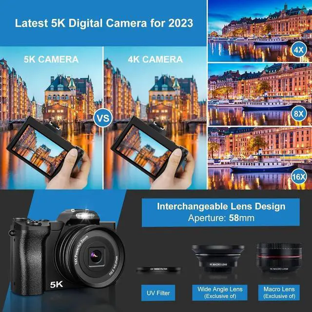 Alt view image 2 of 6 - 5K Digital Camera Autofocus 16x 48 MP Vlogging Camera for YouTube  DSLR Video Cameras With 32G SD Card, Black