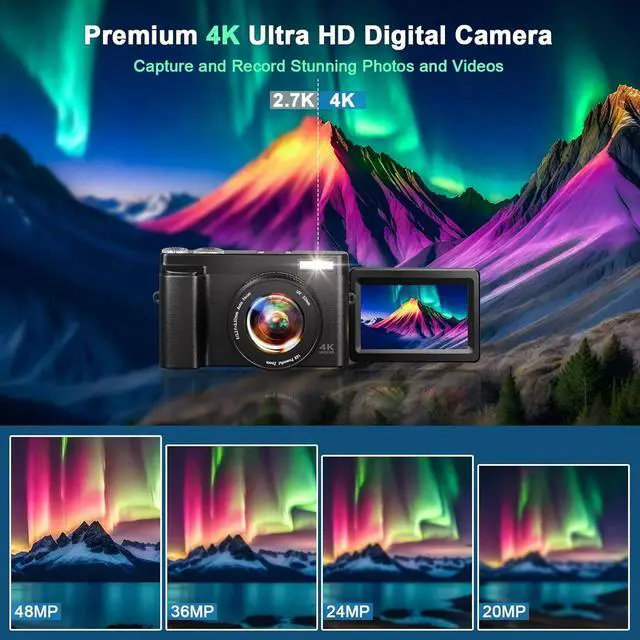 Alt view image 2 of 6 - Digital Camera 4K 48MP Vlogging Camera for Youtube Autofocus 16X Digital Zoom Video Cameras with 32GB SD Card