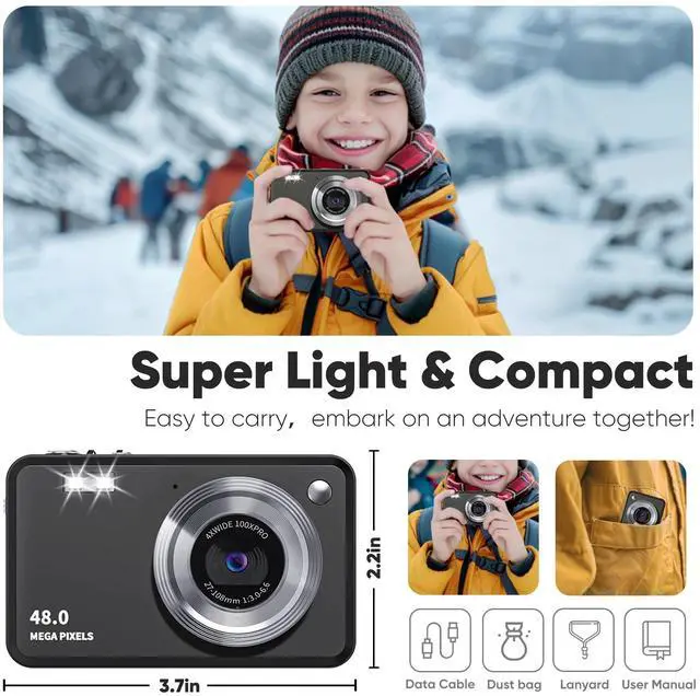 Alt view image 4 of 6 - Upgraded Point and Shoot Digital Camera 48MP with 18x Digital Zoom, Birthday Gifts for Kids Boys Girls Teens Beginners Black