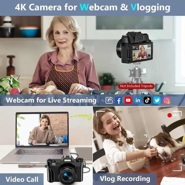 Alt view image 2 of 6 - Digital Camera for Youtube 4K Video Camera 56MP Vlogging Camera Camcorder with 32GB SD Card and 2 Batteries