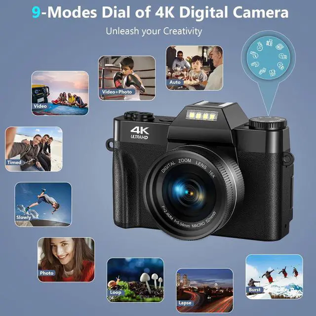 Alt view image 6 of 6 - Digital Camera for Youtube 4K Video Camera 56MP Vlogging Camera Camcorder with 32GB SD Card and 2 Batteries