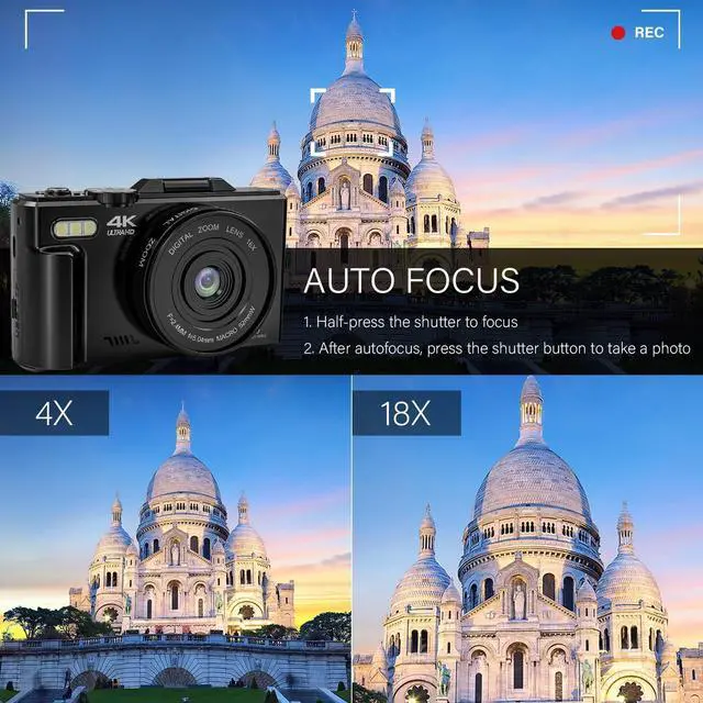 Alt view image 4 of 6 - Digital Camera 4K 64MP Vlogging Camera for YouTube Auto-Focus 18X Zoom 3" 180° Flip Screen Compact Video Camera with 32GB Card