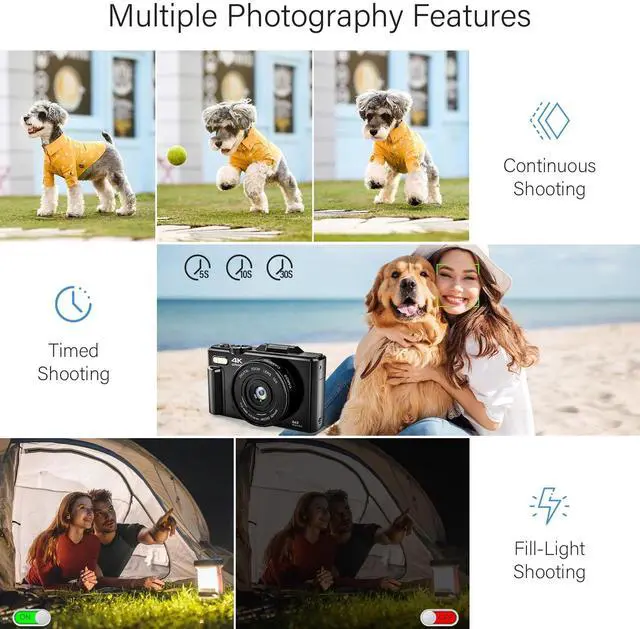 Alt view image 3 of 6 - Digital Camera 4K 64MP Vlogging Camera for YouTube Auto-Focus 18X Zoom 3" 180° Flip Screen Compact Video Camera with 32GB Card