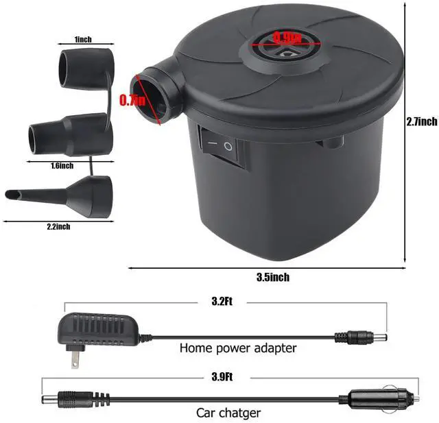 Alt view image 2 of 7 - Electric Air Pump , Quick-Fill Inflator/Deflator with 3 Nozzles , 100V 50W with Car Outlet Adaptor , for Air Mattress Beds, Airbed, Inflatable Pool Float, Black