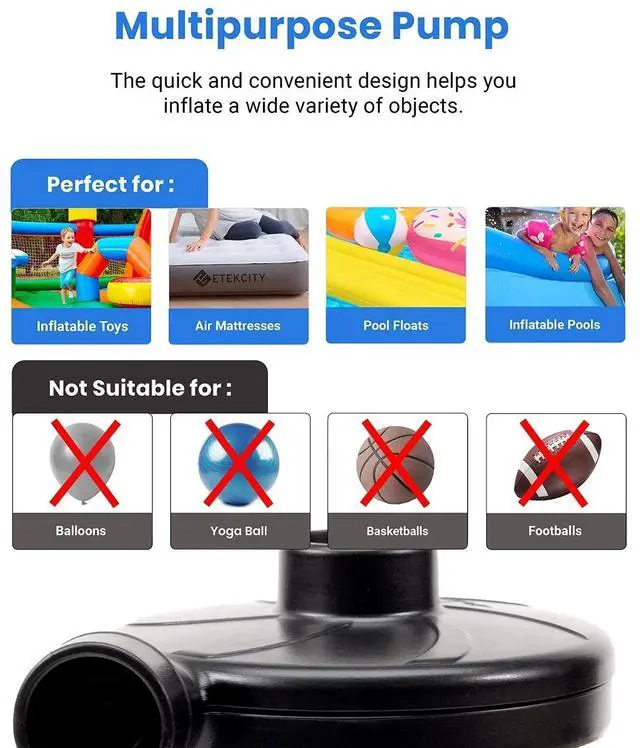 Alt view image 5 of 6 - Quick Electric Air Mattress Pump, Electric Pump for Inflatables Inflator Deflator with 3 Nozzles for Airbed Air Mattress Swimming Pool Inflatable Couch, Black