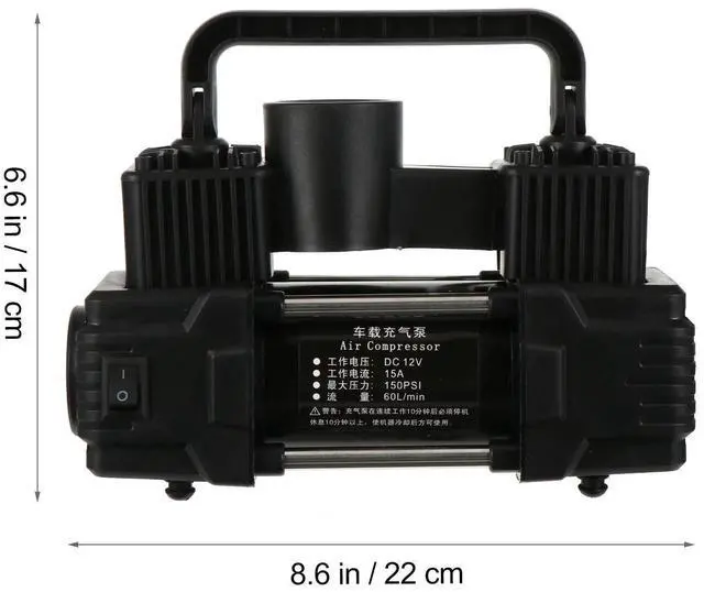 Alt view image 6 of 7 - Portable Double Cylinder Air Compressor Tire Inflator with LED Flashlight, 12V Compact Air Pump for Car Tires, 150 PSI Heavy-Duty Metal Tire Pump, For SUV, Off-Road, Trailer, Truck, Bike, Air Bed