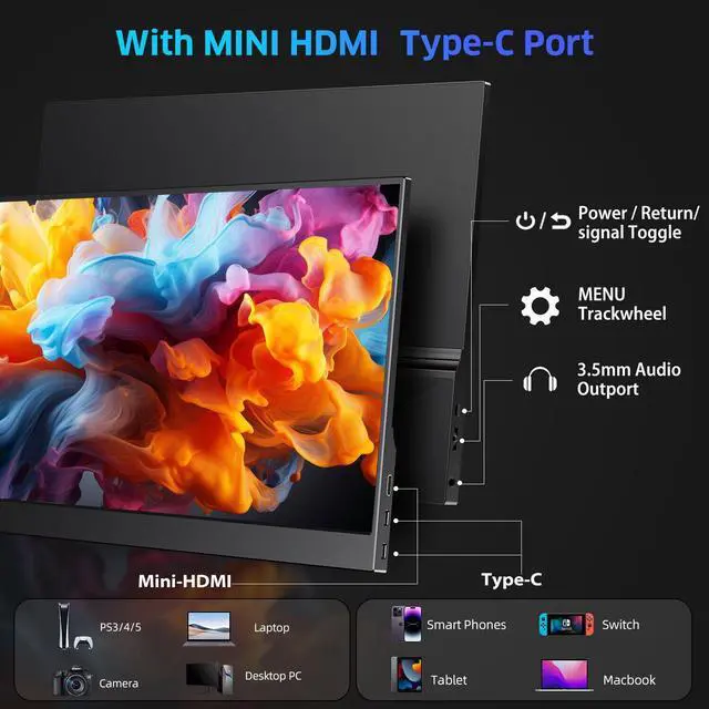 Alt view image 2 of 7 - UPERFECT 15.6" Portable Monitor 1200:1 HDR NEW FHD Eye-care Portable Gaming Monitor For PS6 Xbox VESA Mount