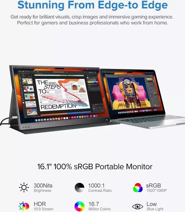 Alt view image 2 of 7 - UPERFECT Portable Monitor 16.1'' 144Hz Portable Gaming Monitor 100% sRGB 1080P HDR FHD Kickstand Screen