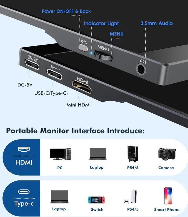 Alt view image 7 of 7 - NEWSOUL Portable Monitor 15.6'' 1080P 2000:1 400nits FHD Plug&Play Travel Laptop Monitor, USB-C HDR Portable Second Computer Display w/Smart Cover for PC Phone Mac Xbox PS4/5 Switch