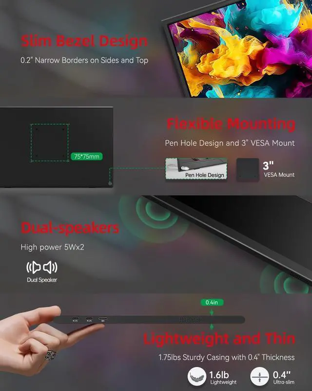 Alt view image 3 of 7 - UPERFECT Portable Monitor for Laptop and Mini PC,15.6-inch 1080P Matt A+ Screen with USB Type-C and HDMI