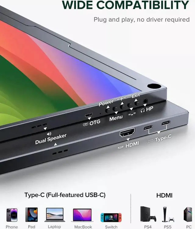 Alt view image 4 of 7 - NEWSOUL 14" Portable Monitor 1080P HDMI USB C Display FHD Screen For Laptop PC and Game Xbox PS