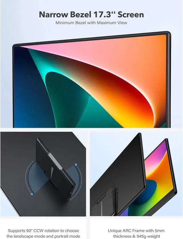 Alt view image 4 of 7 - Portable Monitor 17.3" Freestanding, UPERFECT 1080P FHD HDR IPS Laptop Screen W/ Standard HDMI/ USB 3.0 OTG/ Type C, Second External Computer Display Built-in Speaker/Ambient Light