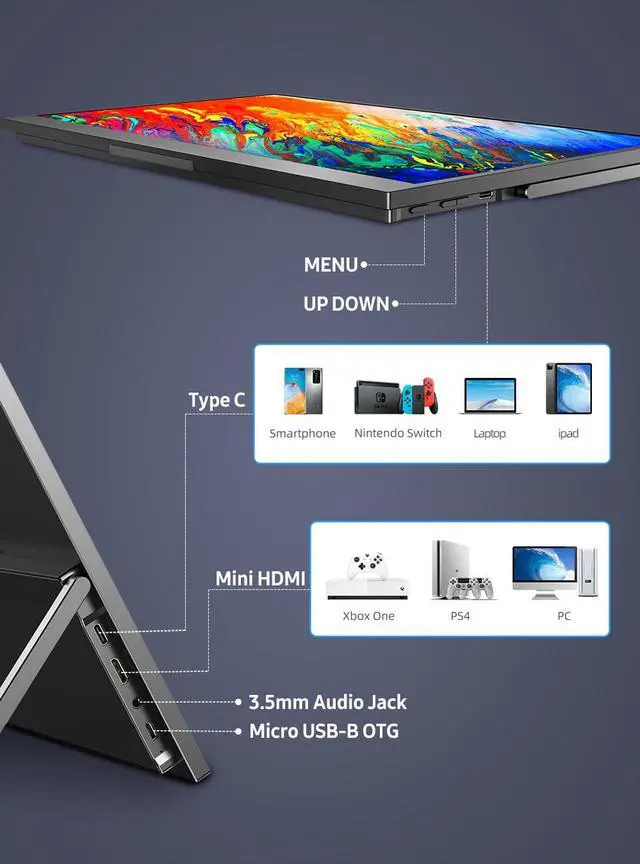 Alt view image 5 of 7 - UPERFECT 15.6" Portable Monitor 1080P FHD 100% sRGB IPS HDR Computer Display Dual USB C For Laptop PC MAC Surface Phone PS4 XBOX