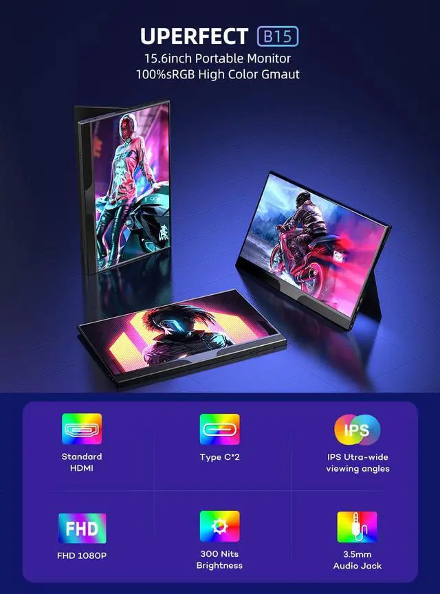 Alt view image 2 of 7 - UPERFECT Portable Monitor for Laptop 15.6" FHD 1080P, Second External USB C HDMI Monitor, Travel Monitor for PS5