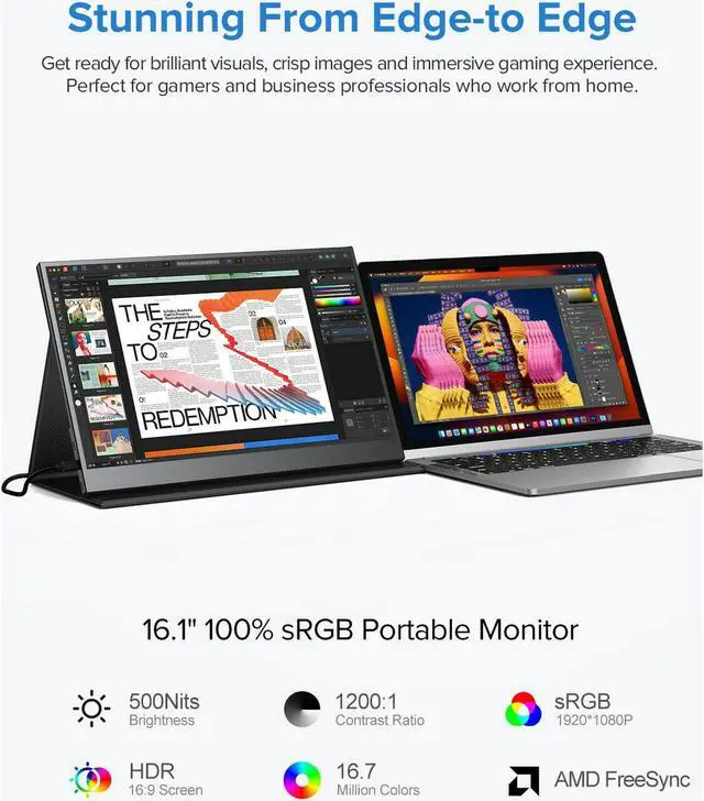 Alt view image 2 of 7 - UPERFECT Portable Gaming Monitor 144Hz 16.1" 1080P 500Nits 1200:1 FreeSync